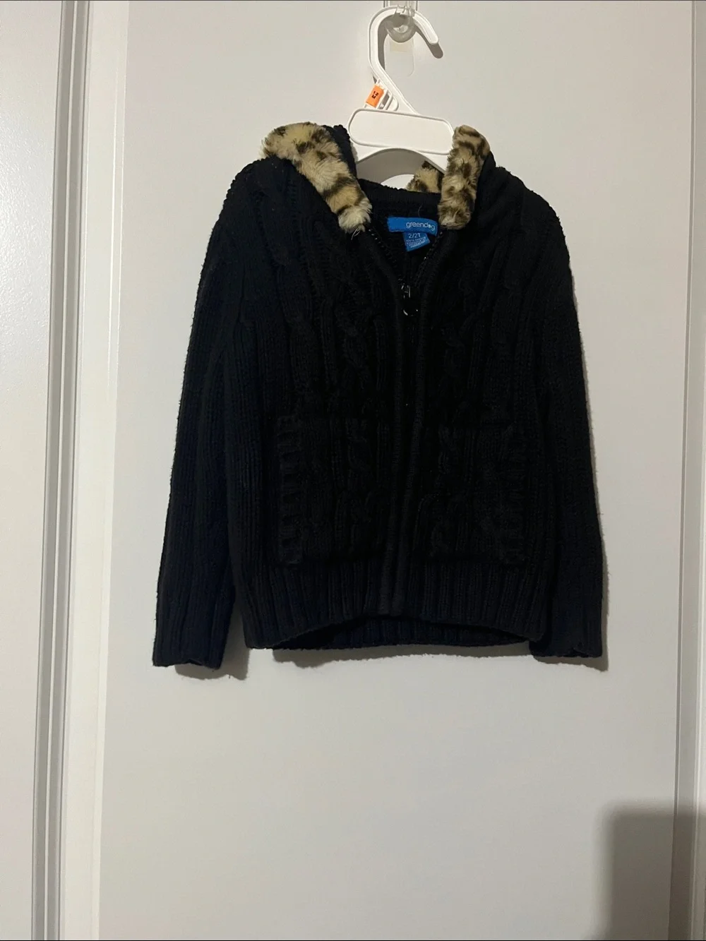 greendog Black Cable-Knit Puffer Jacket with Leopard-Print Faux Fur Trim